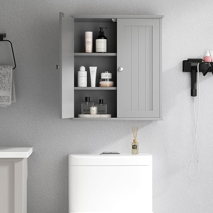 Shintenchi Bathroom Wall Medicine Cabinet, Over The Toilet Storage, Gray | Bathroom Storage Organizer Cupboard, with 2 Magnet Door and 3-Tier Shelves, Space Saving, Easy to Assemble & Clean