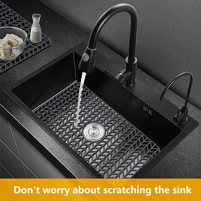 Sink Protectors for Kitchen Sink 12"13"16"18"19"24"26"28"29"30",Silicone kitchen sink mats protector for bottom of farmhouse sink(26"x14"Center Drain Gray) | Protector for sinks and dish,Food-grade silicone,Non-slip and raised feet,Withstand to 500F,Di...
