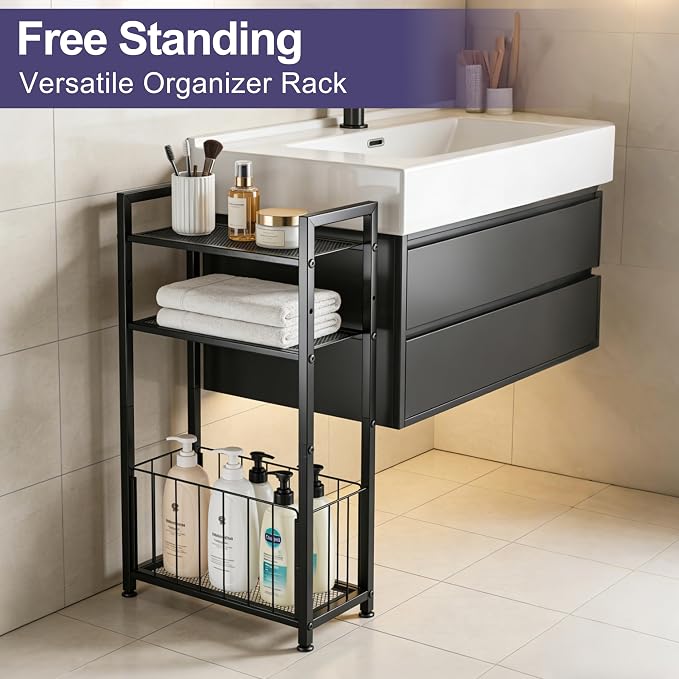 Free Standing Toilet Paper Holder with Shelf, Adjustable Feet Bathroom Toilet Paper Holder Stand for Narrow Space, Roll Dispenser Tissue Holder, Holds Multiple Rolls and Keeps Paper Dry and Clean
