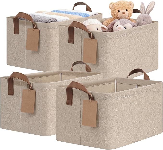 CHICVITA 4 Pack Foldable Storage Baskets with Metal Frame, Brown | 14.8 × 10.3 × 8.3 in, Reinforced Leather Handles, Closet & Shelf Organization, Toys, Clothes & Towels Storage