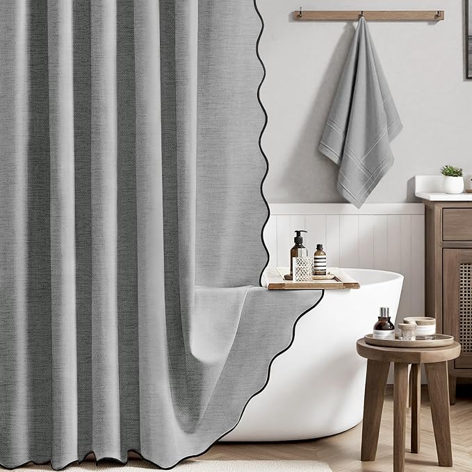 84x72 Boho Scalloped Linen Textured Cloth Shower Curtain, Grey/Gray | Wide Size, 230GSM Waterproof Polyester, Heavy Duty Fabric, 14 Plastic Hooks, Elegant Modern Farmhouse Style, Machine Washable
