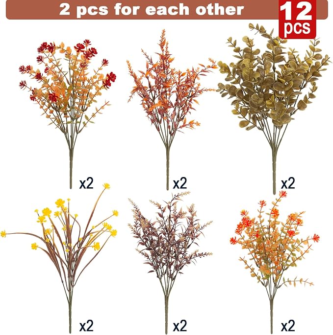 Hananona 12 Pcs Artificial Fall Flowers Outdoor, Faux Artificial Plants UV Resistant Plastic Autumn Flower for Hanging Planter Front Door Porch Window Home Decor (12, Orange)