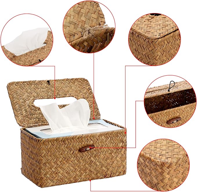 Sumnacon Large Tissue Box Cover Rectangle Seagrass Tissue Holder,Caramel | Decorative Tissue Box Cover Rectangular with Lid for Bathroom Woven Tissue Box Holder for Home Office Table Fits Up to 230T