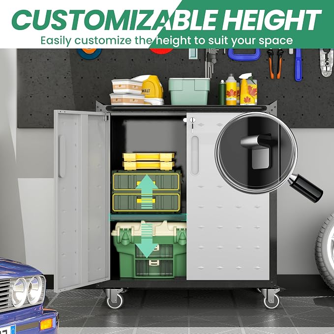 Garage Storage Cabinet System,Wall Cabinet & Locking Rolling Tool Cabinet with Doors and Adjustable Shelves