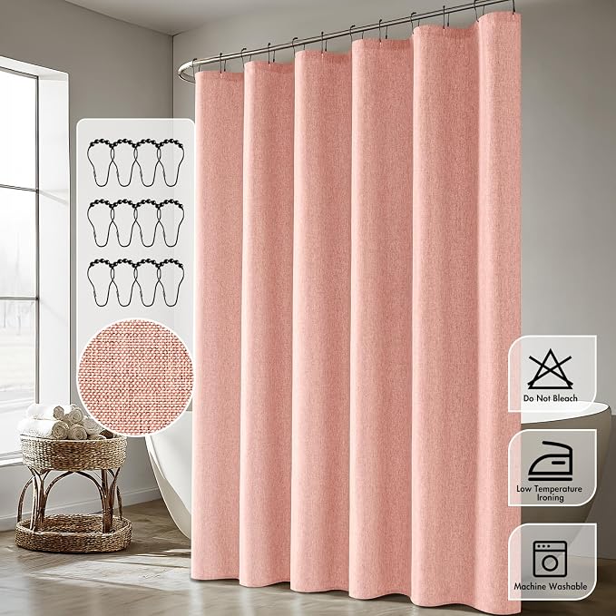 ANRODUO Blush Pink Linen Textured Fabric Shower Curtain Set - W72xL72 | Farmhouse Shower Curtain with 12 Metal Hooks, Waterproof Heavy Duty, Button Hole Design, Machine Washable for Bathroom