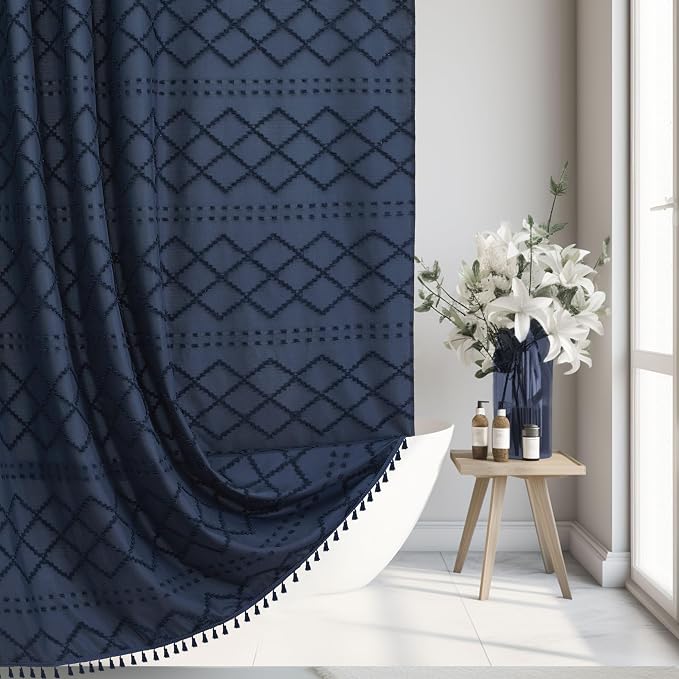 Siiluminisoy Extra Long Boho Shower Curtain with Tassels 72 x 90, Navy Blue
