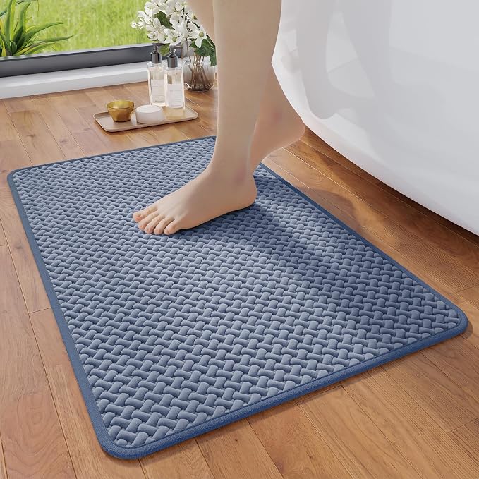 Bathroom Rugs Non Slip, Foam Weave Texture Bath Mat, Blue 20x31 | Quick Dry, Rubber Backing, Super Absorbent Washable Bathroom Mats Fit Under Door for Bathroom Floor, Bathtub, Outside Shower