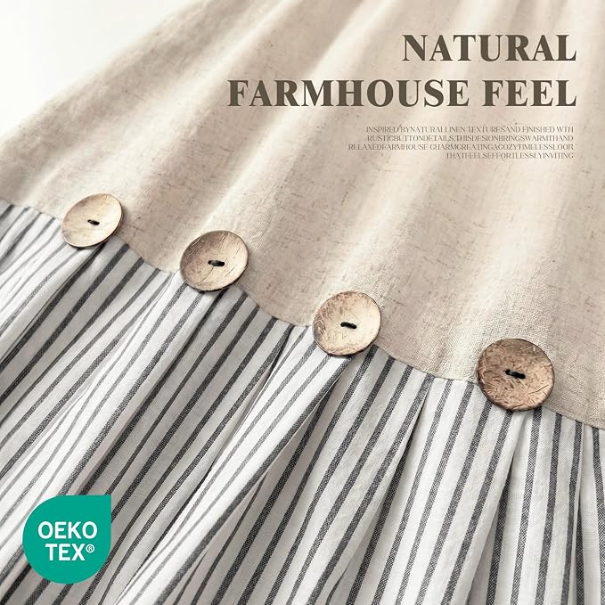 Farmhouse Shower Curtain Linen Button Grey Stripe 72" W x 72" L | Farmhouse Style, Chic Button, Striped, Linen Fabric, Rustic, Country, Natural Look, Washable, for Bathroom Bathtub