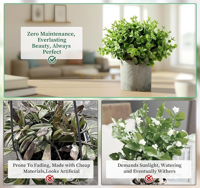 Fake Plants,5 PCS Small Artificial Greenery Eucalyptus Plant Indoor in Pots | Lemonfilter Plastic faux Plants Indoor with Pulp Pot, Small Plant Decor for Table Shelve Bathroom Kitchen Rustic Farmhouse