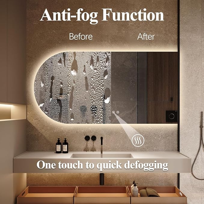 Arched LED Bathroom Mirror, 40"x24" Arch Framless Backlit Mirror with Lights Vanity Mirror for Makeup, Anti-Fog, Dimmable, 3-Color, Memory Function, IP65 Waterproof, UL Listed, Horizontal-Right