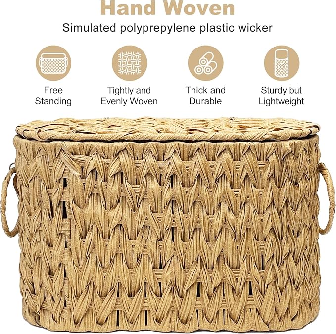 Toilet Paper Storage Basket with Lid, Narrow Bathroom Organizer for 6 Mega Rolls, Waterproof Wicker Look Plastic Basket with Handles, Toilet Tank Top Holder, Farmhouse Bathroom Storage Bin (Linen)