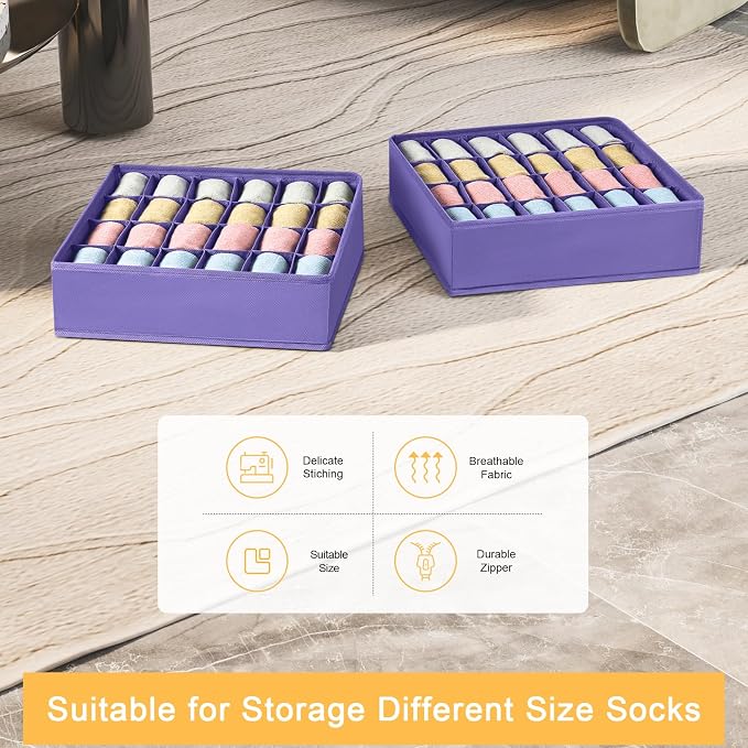 Joyoldelf Sock Drawer Organizer Divider 2 Packs Underwear Organizer, 24 Cell Closet Organizers and Storage Organizer Sock Holders Organizers for Storing Socks, Handkerchiefs, Ties, Belts (Purple)