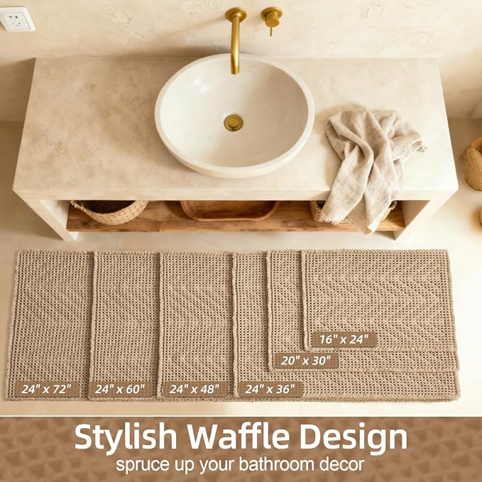 Sunfly Waffle Bath Mat, Boho Bath Rugs for Bathroom Floor Super Absorbent & Quick Dry, Non-Slip Washable Bath Mat with Tassels, Ultra Soft Farmhouse Bathroom Decor 20"*30" Beige