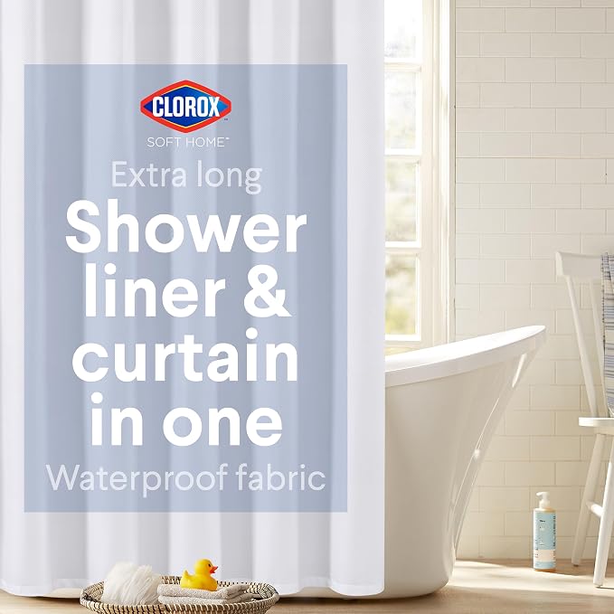 Clorox 2-in-1 Bathroom Shower Curtain Liner, Durable Fabric, Weighted Magnets for Bath Water Control, Washable Premium Quality, Extra Long, Modern - 72" x 78" White