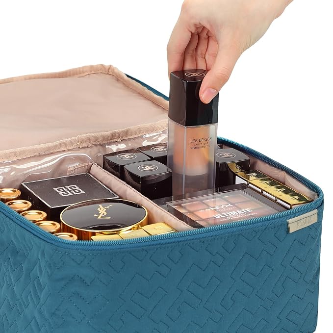 NISHEL Large Makeup Bag Organizer, Double Layer Cosmetic Travel Case | Organizer for brushes, bottles, makeup and skin care products, ideal for trips and daily use, Lake-Blue, Large