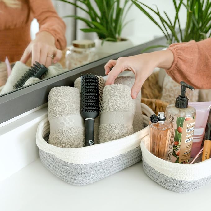 NaturalCozy 5-Piece Rectangle Storage Basket Set- Natural Cotton Rope Woven Baskets for Organizing! Small Basket for Montessori, Baby Nursery, Dog Toy Baskets, Cat Toy Box, Bathroom Organization Bin