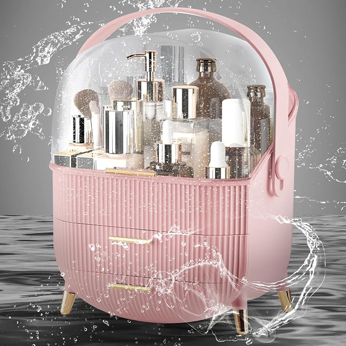 Makeup Organizer for Vanity, Large Capacity Skincare Organizer Countertop | Cosmetics Organizer with 2 Drawes, Cosmetic Display Cases Makeup Storage Box for Bedroom, Bathroom, Gifts for Women(Pink)