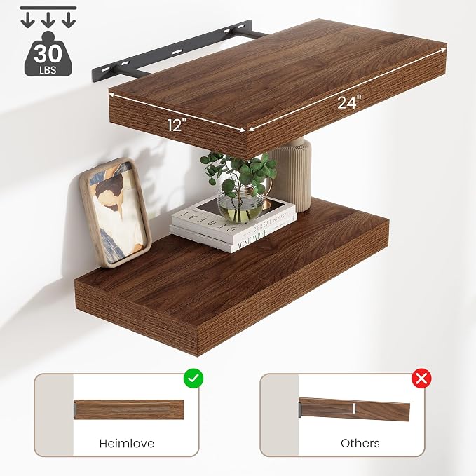 12 Inch Deep Floating Shelves for Wall, 24 Inch Wide Wall Shelves Set of 2, 2 Inch Thick Heavy Duty Invisible Wall Mounted Shelves for Kitchen Living Room,Walnut Color