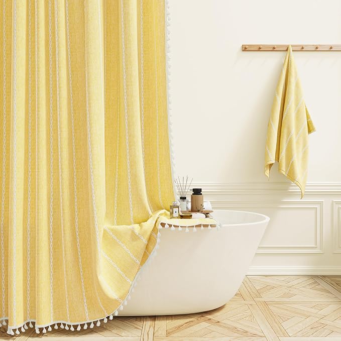 72x96 Extra Long Boho Linen Heavy Duty Shower Curtain Set, Yellow | Extra Tall Size, 330GSM Linen Blend, Water Repellent, Vintage Striped Fabric, 12 Hooks, Rustic Country, Machine Washable