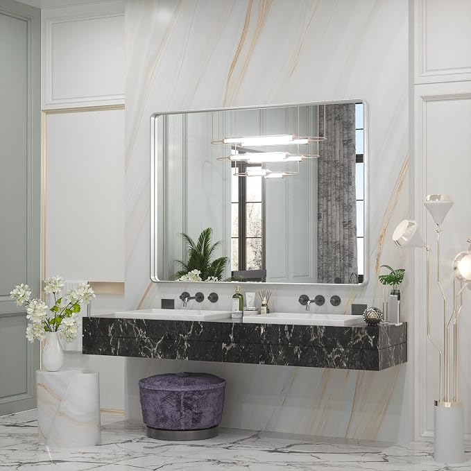48 x 36 Inch Silver Mirrors for Bathroom, Brushed Silver Framed Rectangular Modern Farmhouse Large Vanity Mirror for Wall Decor (Horizontal/Vertical)