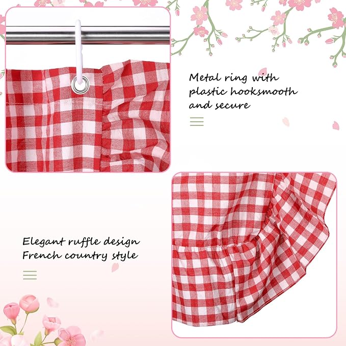 HunnmingRe Ruffled Gingham Shower Curtain Red | 72'' x 72'' Vintage Farmhouse Curtain, Cotton Cottage Core Rural Checkered Plaid Decor, Fall Shower Curtain for Bathroom