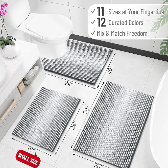 OLANLY Bathroom Runner Rugs 47x24, Soft Chenille Striped Bath Rugs, Grey | Extra Absorbent, Rubber Backing, Machine Wash Dry, Bath Mats for Bathroom Floor, Tub and Shower, Home Decor Accessories