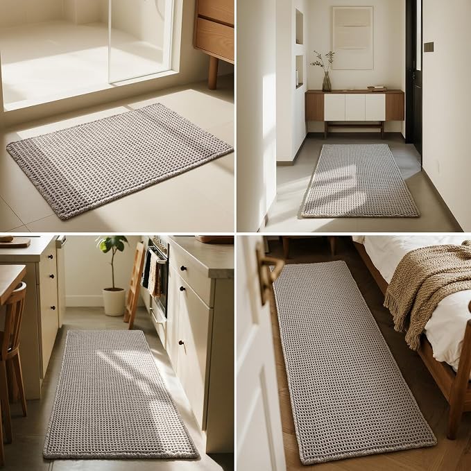 Triohero Waffle Bath Mat, Boho Bathroom Rugs Non Slip Washable, Ultra Soft Super Absorbent Quick Dry Farmhouse Bathroom Decor, 24" x 36", Light Grey