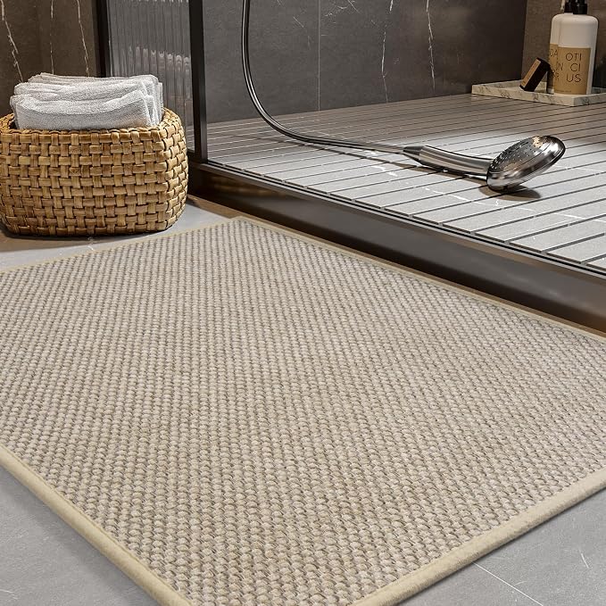 PADOOR Non-Slip Bath-Mats, Rubber-Backing Braided Absorbent Bathroom Mat Machine Washable Thin Bathroom Rugs Fit Under Door Quick Dry Bath Rugs for Floor, 24''x35'' Light Beige