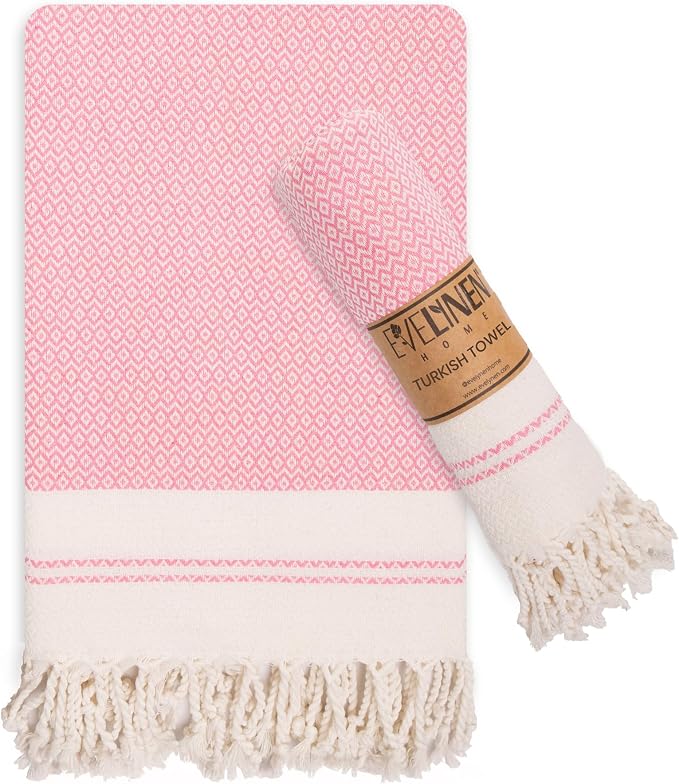 Evelynen Turkish Hand Towels for Bathroom & Kitchen Towels Decorative Set of 2 | Boho Farmhouse Hand Towels with Hanging Loops for Face, Dish, Kitchen & Bath (16" x 32" - Pink)