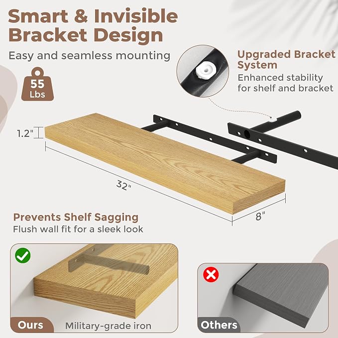32 Inch Floating Shelves for Wall 2 Pack, 8"D Wood Grain Bathroom Shelves | Invisible Brackets, Oak Finish, Easy Install | Engineered Wood Storage Shelves for Kitchen, Study, Bedroom