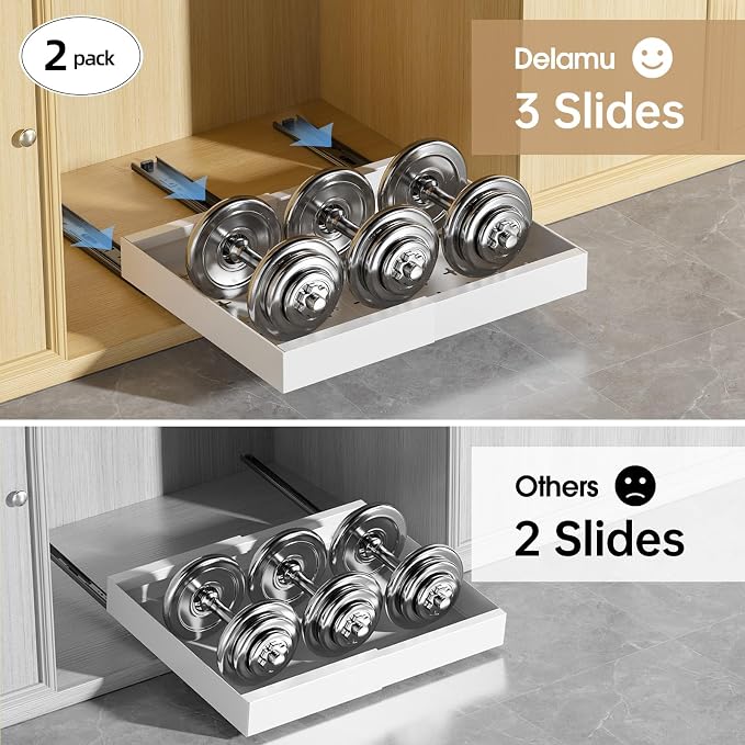 Delamu 16" Deep Pull Out Cabinet Organizer with 6 Dividers, Expandable (11.7 "-20" W) Pull Out Drawers for Cabinets, Cabinet Trays Pull Out for Cabinets in Kitchen, Pantry or Bathroom, White, 2 Pack