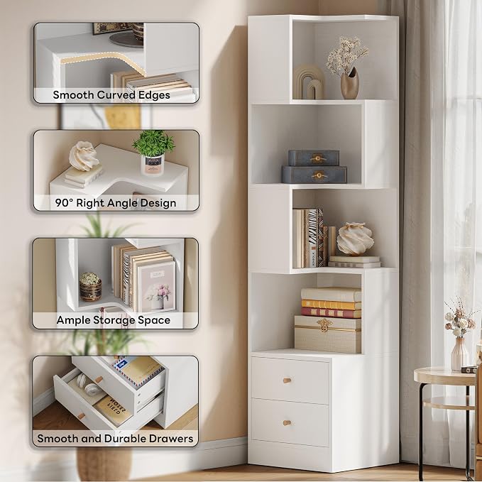 IRONCK Corner Bookshelf, 70.87" Tall Corner Bookcase with Drawers, White | 90° design saves space. 110 lb capacity. Corner Shelf Storage Display Rack for Living Room Home Office