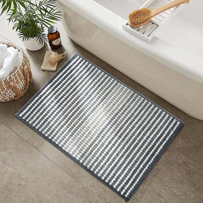 FRESHMINT Chunky Ombre Chenille Bathroom Rug, Gray & White, 24"x36" | Water Absorbent, Soft Bath Rugs for Bathroom Floor, Thick Non Slip, Washable Quick Dry