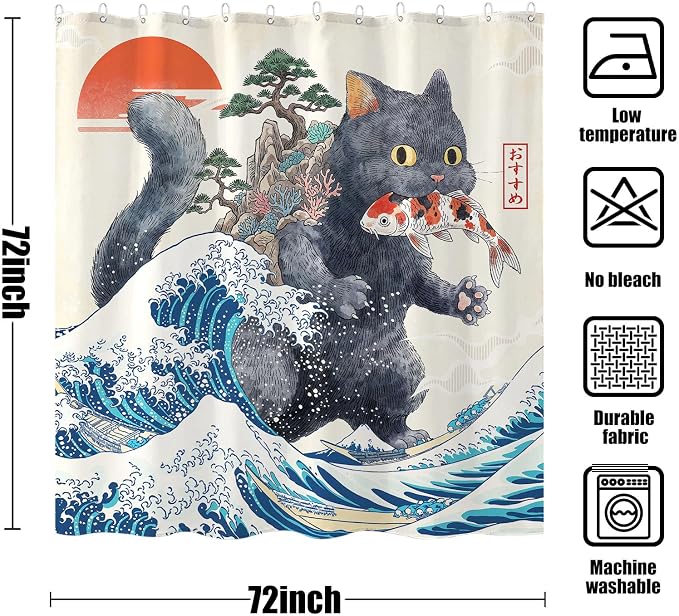 Accnicc Funny Black Cat Shower Curtain for Bathroom 72 X 72 Inch | Fun Cool Cat Shower Curtains, Japanese Ocean Wave Kids Bath Curtain Decor, Water-Resistant Washable Polyester Fabric