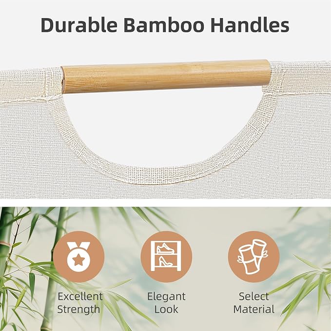 STORAGE MANIAC 3-Pack Large Laundry Hamper, 100L (26.4 Gal) Collapsible Laundry Basket with Bamboo Handles, Freestanding Waterproof Clothes Hamper for Laundry Room, Bedroom, Dorm, Towels, White