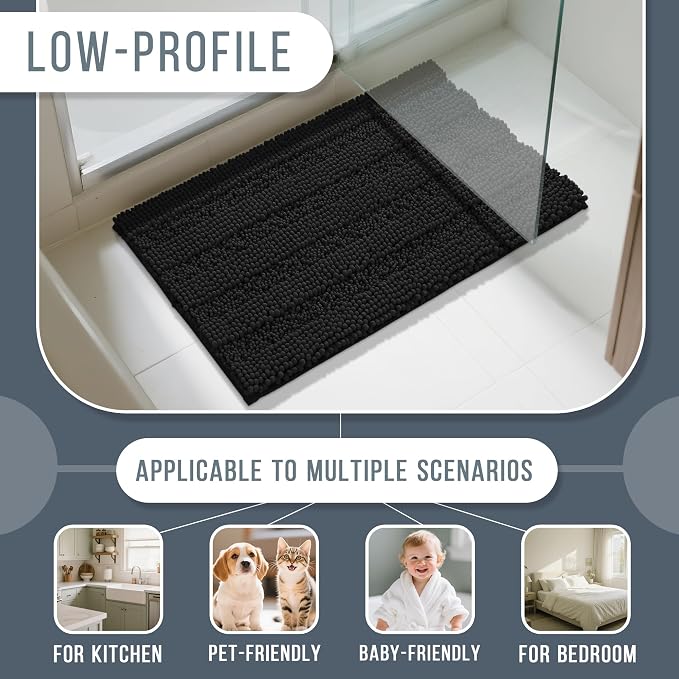 Yimobra Bathroom Rug Mat 44 x 24, Non Slip and Super Absorbent Bath Mat,Machine Washable Quick Dry,Ultra Plush Chenille Shower Rugs for Bathroom Floor Sink Tub and Shower Outside,Black