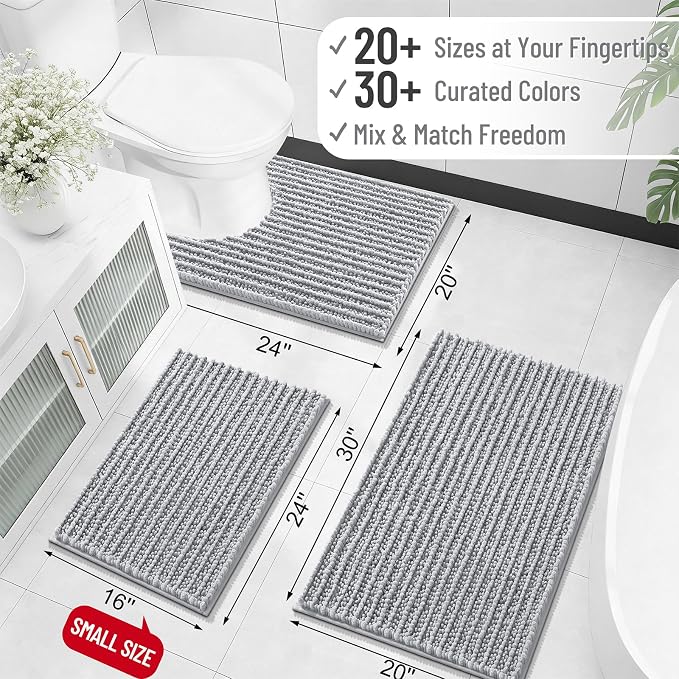 OLANLY Large Bathroom Rugs 40x32, Thick Soft Absorbent Chenille Bath Rugs | Light Grey, Quick-Drying Rubber Backing, Shaggy Bath Mat, Machine Washable for Floor, Tub and Shower, Home Decor Accessories