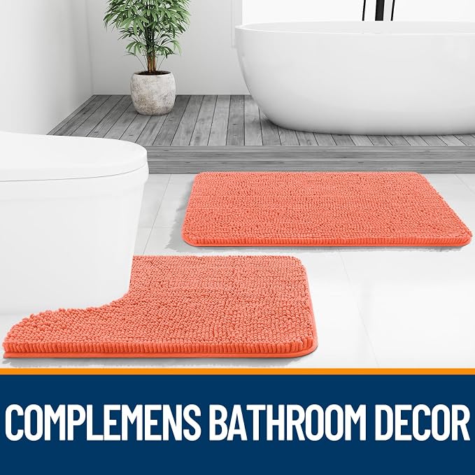 OLANLY Toilet Rugs U-Shaped 24x20, Soft Absorbent Chenille Contour Rugs | Coral, Quick-Drying Rubber Backing, Machine Washable Non-Slip Shaggy Bathroom Mat for Toilet, Home Decor Accessories