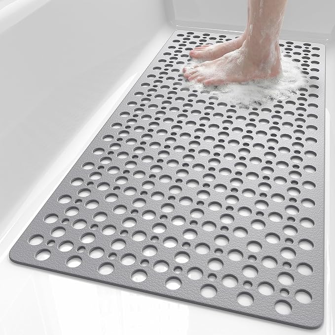 Shower Mat Non Slip Bath Mat for Tub - 35" x 16" Soft TPE Bathtub Mat Non Slip Shower Mats for Inside Shower, Anti Slip Shower Mat with Suction Cups, Quick-Drying Bath Tub Mat, Grey