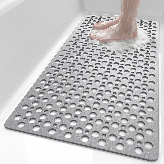 Shower Mat Non Slip Bath Mat for Tub - 35" x 16" Soft TPE Bathtub Mat Non Slip Shower Mats for Inside Shower, Anti Slip Shower Mat with Suction Cups, Quick-Drying Bath Tub Mat, Grey