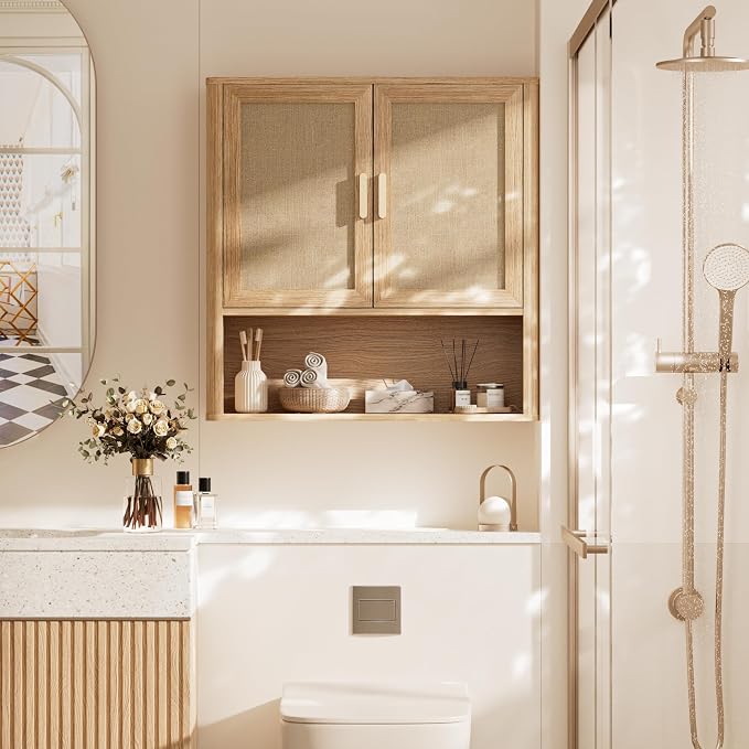 Rattan Bathroom Wall Cabinet with Open Compartments, Wall-Mounted Medicine Cabinet with Adjustable Wood Shelf & Doors, Over the Toilet Storage Cabinet for Laundry Room & Kitchen & Living Room