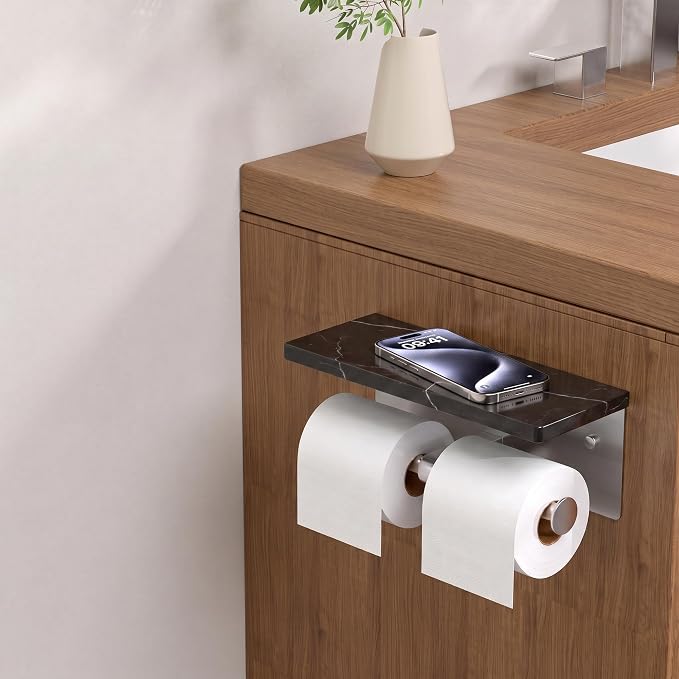 FORIOUS Toilet Paper Holder with Shelf, Commercial Toilet Paper Dispensers | Brushed Nickel | Wall Mount Bathroom Tissue Holder | SUS304 Stainless Steel Rustproof | Double Tissue Roll Holder