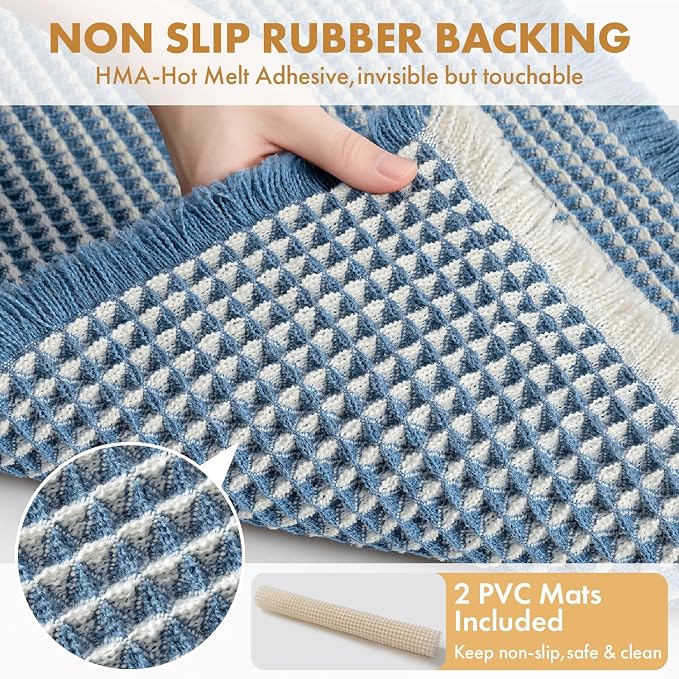 MIULEE Set of 2 Waffle Bathroom Rugs Blue&Cream Bath Mat 17"x24"+18"x30" | Non Slip, Super Absorbent, Washable, Ultra Soft, Rubber Backed, Small Boho Bath Rugs for Bathroom Floor Tub Shower