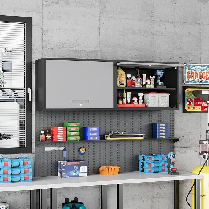 Fesbos Metal Storage Cabinet Black&Gray Wall Cabinets with Shelf and Locking Door - Wall Mounted Storage Cabinet for Garage Warehouse Home Office - Assembly Required