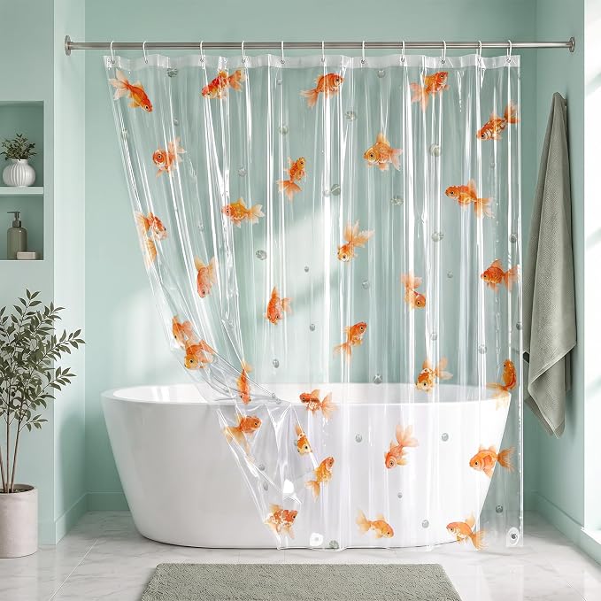 Clear Shower Curtain Liner, Goldfish Koi Fish PEVA, 72x72 Inch | Ocean Nature Waterproof Bath Plastic Shower Curtains Set with 3 Weighted Magnets and 12 Hooks for Bathroom Decor