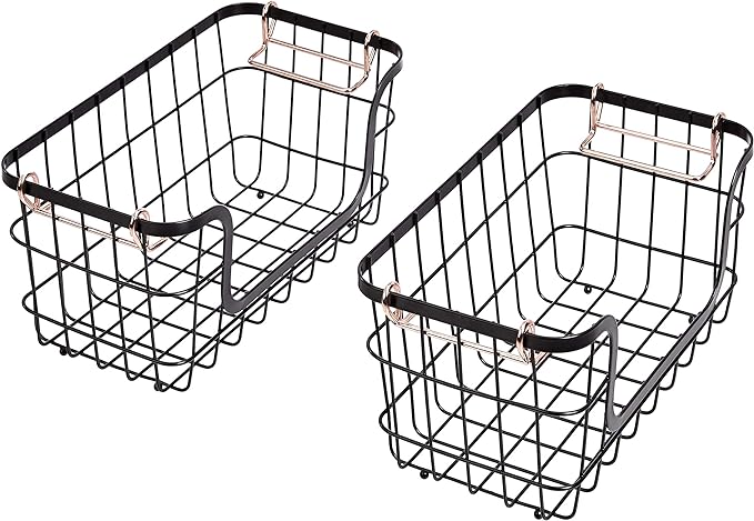 Amazon Basics Stackable Metal Wire Rectangular Storage Baskets for Kitchen, Bathroom or Pantry Organizing, 2 Count, Black (Pack of 4)