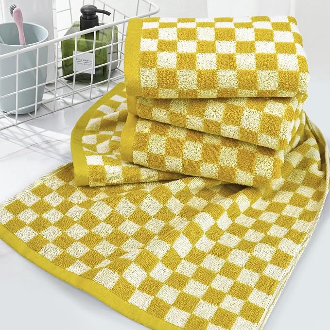 Jacquotha 4 Pcs Hand Towels for Bathroom Checkered, Yellow | Cotton Soft Absorbent Cute Checkered Bathroom Towel, Fall Decor, 13 x 29 Inches