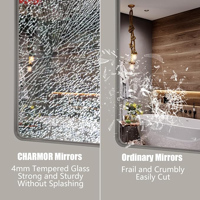 24x32 Inch Brushed Nickel Bathroom Vanity Mirror | Silver Metal Frame Mirror, Rounded Rectangle, Shatterproof, Anti-Rust, Hangs Horizontally or Vertically