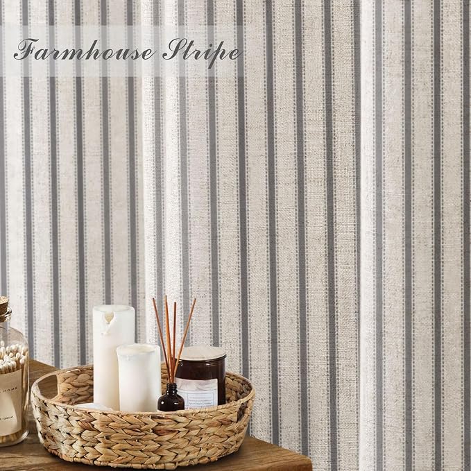 Farmhouse Striped Shower Curtain Grey Vintage Linen Curtain 72"W X 84"L | Extra Long Striped Shower Curtains with Linen Texture for Bathroom Decor