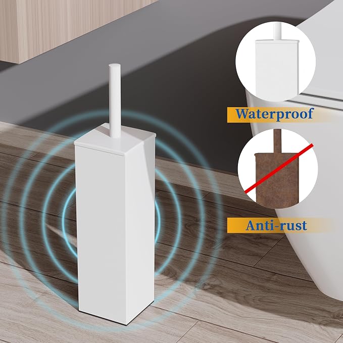 RUACQ Toilet Brush and Holder Set, Square, White | SUS304 Stainless Steel Handle, Toilet Cleaner Brush with Durable Scrubbing Bristles, Splash-Proof